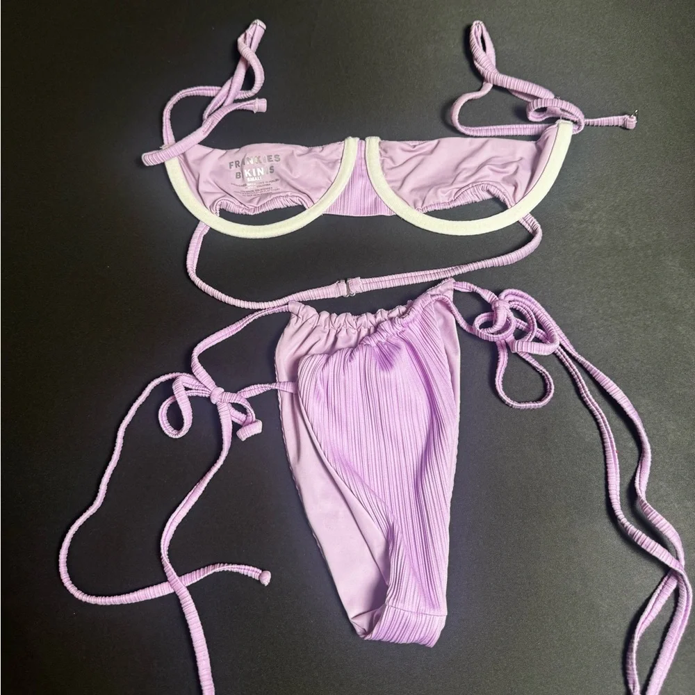Frankie’s Lilac Ribbed Tie-Side Bikini Set Small Top and Medium Bottom